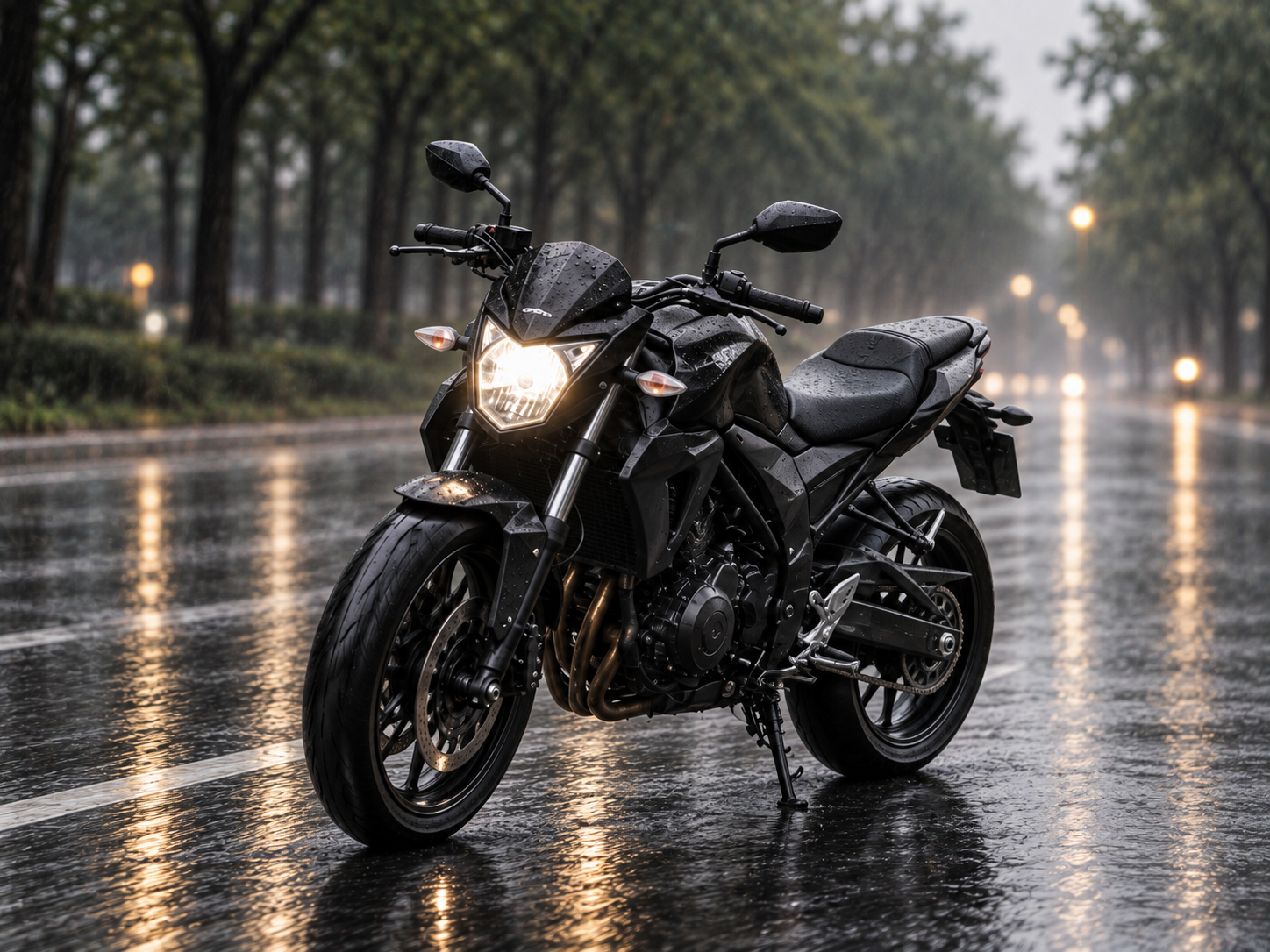 Moto Veltrix V1 nera su un viale sotto la pioggia